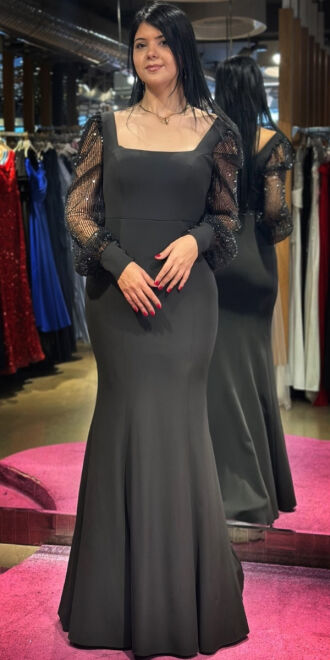 Black Long Sleeve Mermaid Skirt Crepe Long Evening Dress 7575 - 1