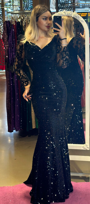 Black Long Sleeve Mermaid Skirt Sequin Long Evening Dress 7438 