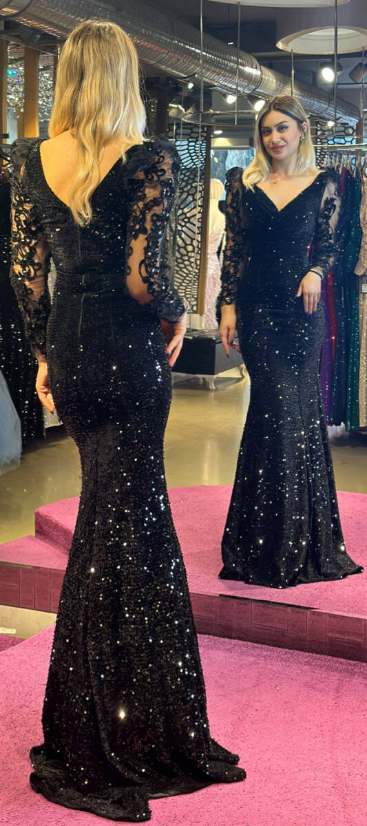 Black Long Sleeve Mermaid Skirt Sequin Long Evening Dress 7438 - 4