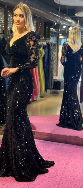 Black Long Sleeve Mermaid Skirt Sequin Long Evening Dress 7438 - 3