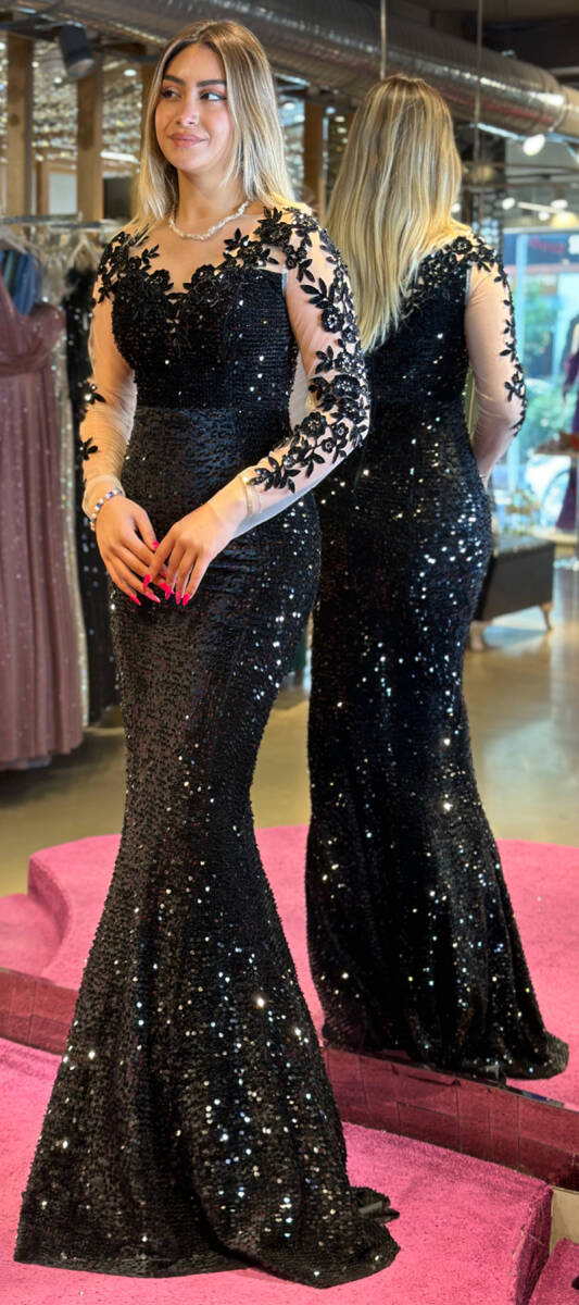 Black Long Sleeve Mermaid Skirt Velvet Sequin Long Evening Dress 7192 - 3