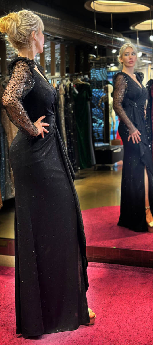 Black Long Sleeve Slit Straight Cut Glitter Long Evening Dress 7472 - 3