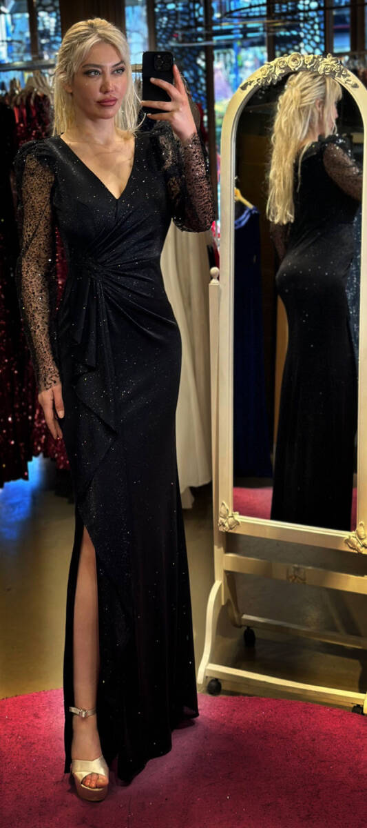 Black Long Sleeve Slit Straight Cut Glitter Long Evening Dress 7472 - 1