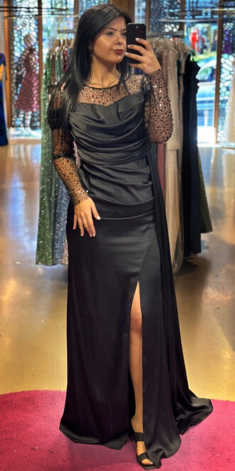 Black Long Sleeve Slit Straight Cut Satin Long Evening Dress 7602 