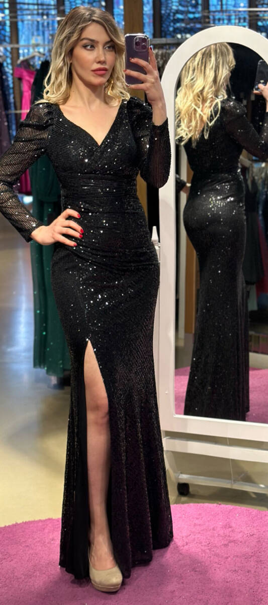 Black Long Sleeve Slit Straight Cut Sequin Long Evening Dress 7321 - 1