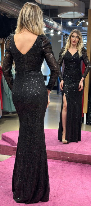 Black Long Sleeve Slit Straight Cut Sequin Long Evening Dress 7321 - 5