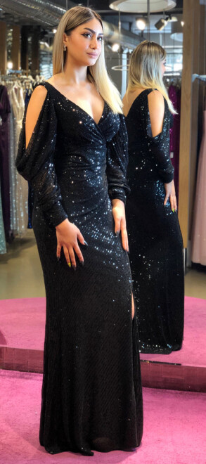 Black Long Sleeve Slit Straight Cut Sequin Long Evening Dress 7402 - 1