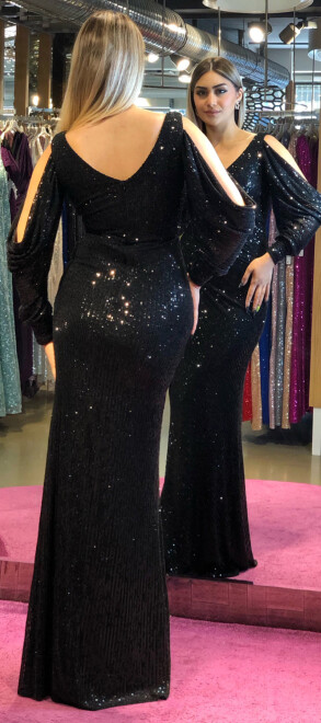 Black Long Sleeve Slit Straight Cut Sequin Long Evening Dress 7402 - 5