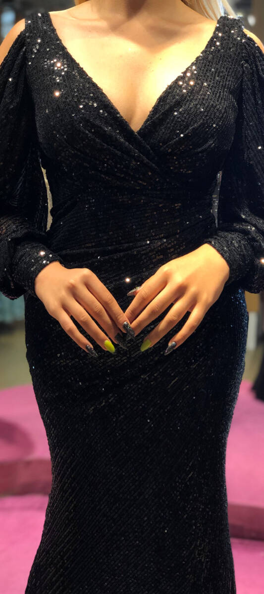 Black Long Sleeve Slit Straight Cut Sequin Long Evening Dress 7402 - 4