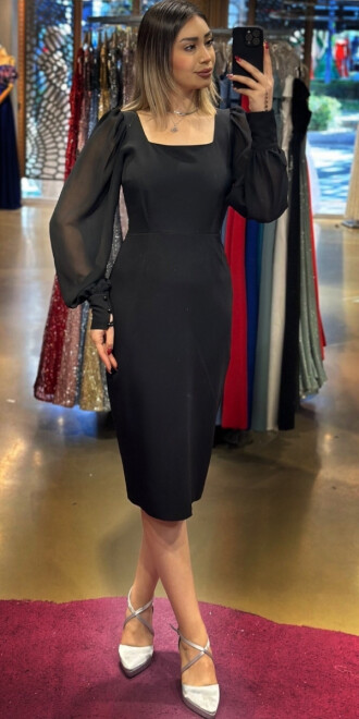 Black Long Sleeve Straight Cut Crepe Midi Evening Dress 7322 