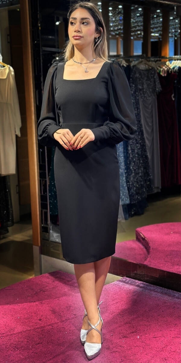 Black Long Sleeve Straight Cut Crepe Midi Evening Dress 7322 - 4