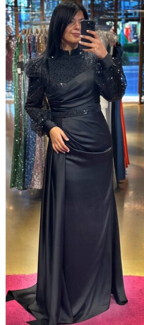 Black Long Sleeve Straight Cut Satin Long Evening Dress 7553 