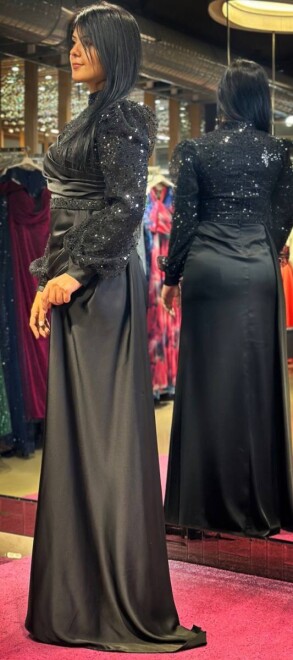 Black Long Sleeve Straight Cut Satin Long Evening Dress 7553 - 3