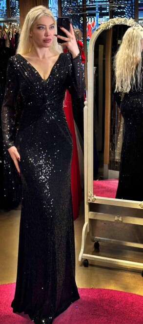 Black Long Sleeve Straight Cut Sequin Long Evening Dress 7470 