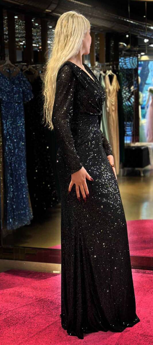 Black Long Sleeve Straight Cut Sequin Long Evening Dress 7470 - 3