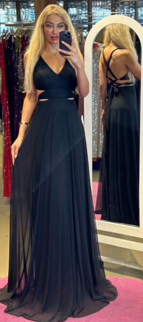 Black Low-Cut Back Flared Skirt Lycra Long Evening Dress 6556 - 1