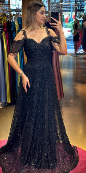 Black Low Sleeve Beaded Flared Skirt Glitter Long Evening Dress 7525 