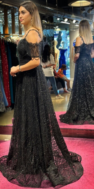 Black Low Sleeve Beaded Flared Skirt Glitter Long Evening Dress 7525 - 3