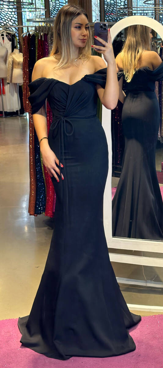 Black Low Sleeve Mermaid Skirt Crepe Long Evening Dress 7418 - 1