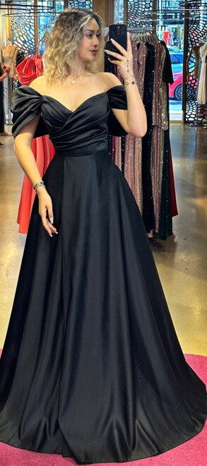 Black Low Sleeve Wrap Slit Flared Skirt Satin Long Evening Dress 7568 