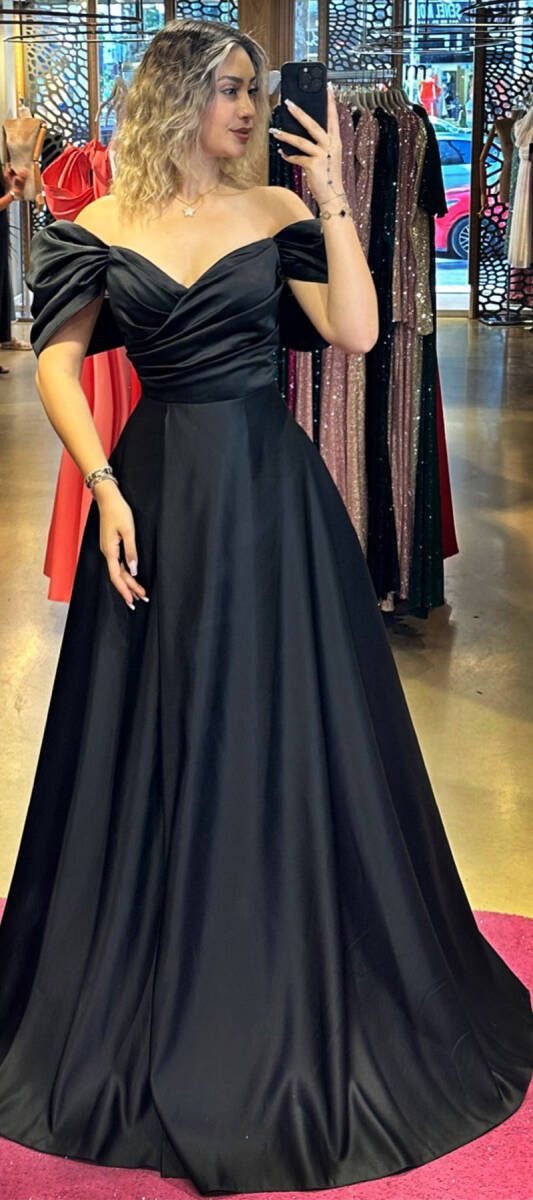 Black Low Sleeve Wrap Slit Flared Skirt Satin Long Evening Dress 7568 - 1