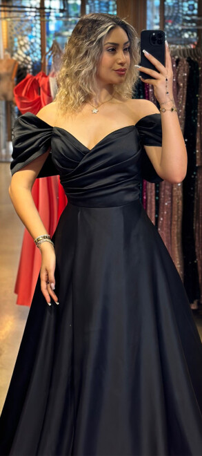 Black Low Sleeve Wrap Slit Flared Skirt Satin Long Evening Dress 7568 - 2