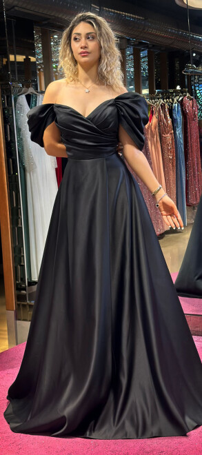 Black Low Sleeve Wrap Slit Flared Skirt Satin Long Evening Dress 7568 - 3