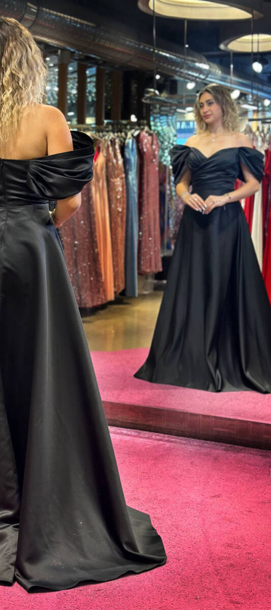 Black Low Sleeve Wrap Slit Flared Skirt Satin Long Evening Dress 7568 - 5