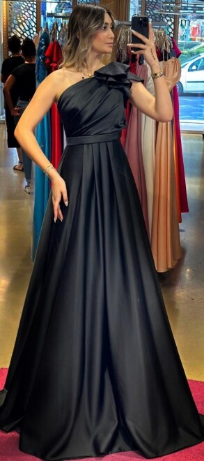 Black One Shoulder Flared Skirt Satin Long Evening Dress 7501 