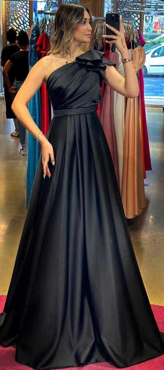 Black One Shoulder Flared Skirt Satin Long Evening Dress 7501 - 1