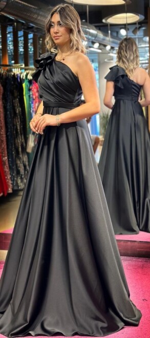 Black One Shoulder Flared Skirt Satin Long Evening Dress 7501 - 3