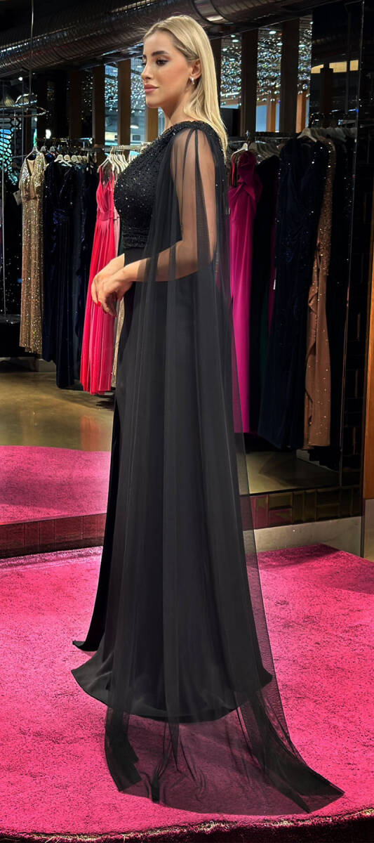 Black One Shoulder Slit Straight Cut Crepe Long Evening Dress 7550 - 3