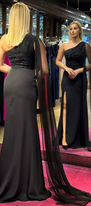 Black One Shoulder Slit Straight Cut Crepe Long Evening Dress 7550 - 5