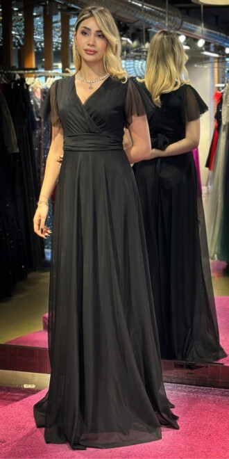 Black Short Sleeve Flared Skirt Tulle Long Evening Dress 7615 - 1