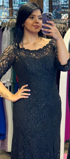 Black Short Sleeve Lace Detailed Straight Cut Glitter Fabric Long Evening Dress 6032 - 2