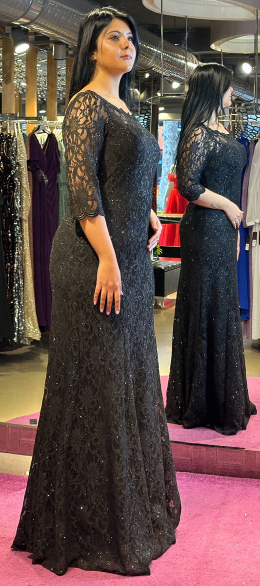 Black Short Sleeve Lace Detailed Straight Cut Glitter Fabric Long Evening Dress 6032 - 3