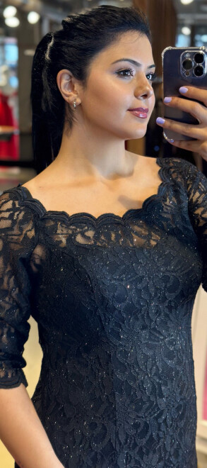 Black Short Sleeve Lace Detailed Straight Cut Glitter Fabric Long Evening Dress 6094 - 2