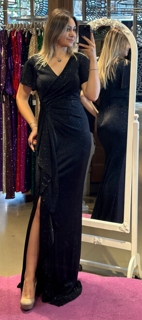 Black Short Sleeve Slit Straight Cut Glitter Long Evening Dress 7439 