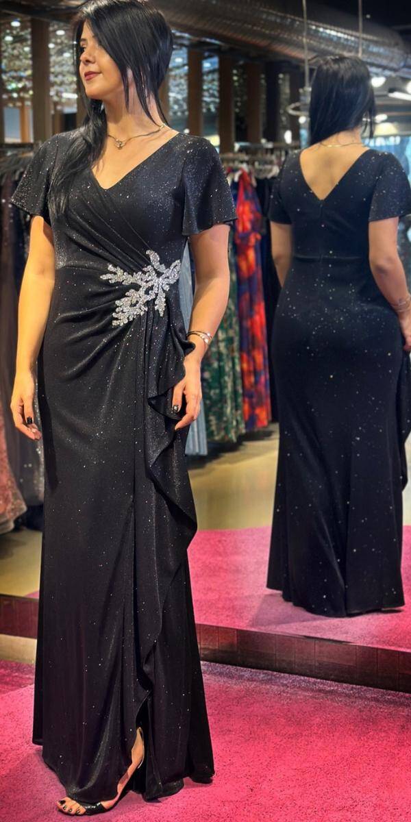 Black Short Sleeve Stone Detailed Slit Straight Cut Glitter Long Evening Dress 7636 - 3