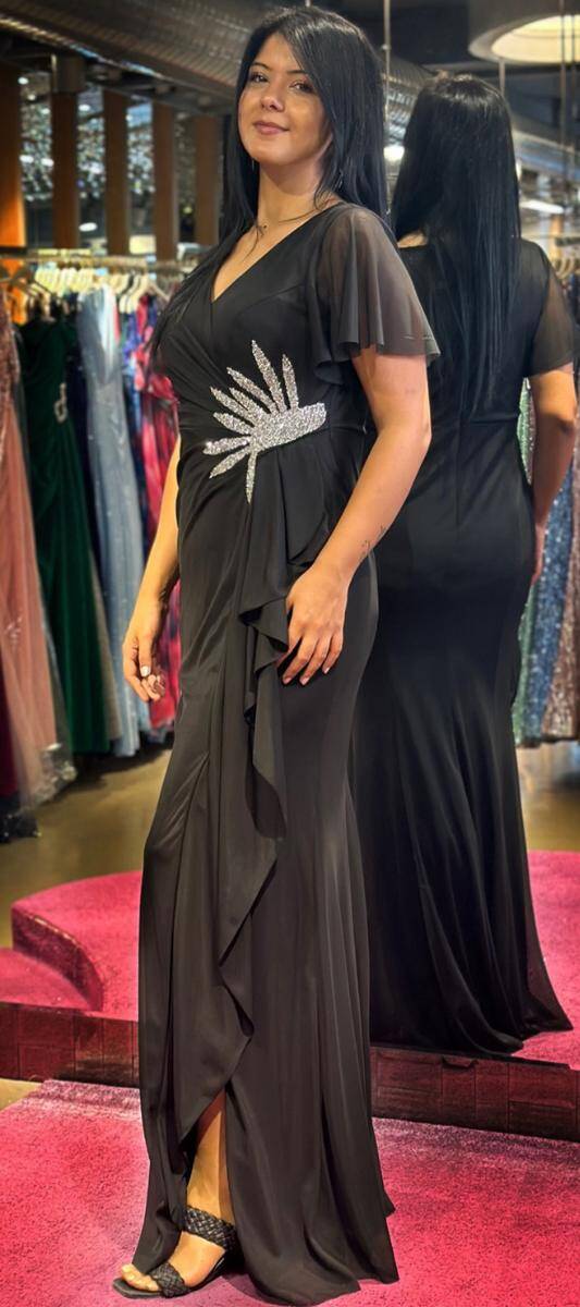 Black Short Sleeve Stone Detailed Slit Straight Cut Tulle Long Evening Dress 7613 - 3