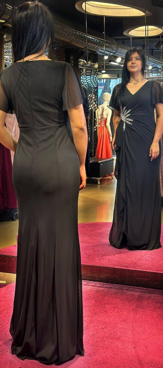 Black Short Sleeve Stone Detailed Slit Straight Cut Tulle Long Evening Dress 7613 - 5