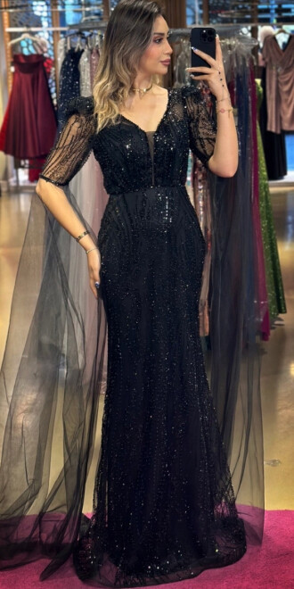 Black Short Sleeve Straight Cut Beaded Sequin Long Evening Dress 7532 