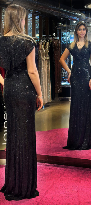 Black Short Sleeve Straight Cut Sequin Long Evening Dress 7499 - 5