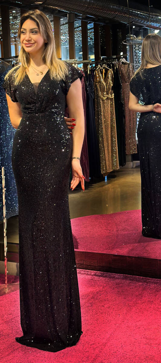 Black Short Sleeve Straight Cut Sequin Long Evening Dress 7499 - 3