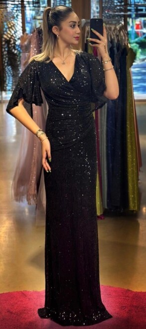 Black Short Sleeve Straight Cut Sequin Long Evening Dress 7572 