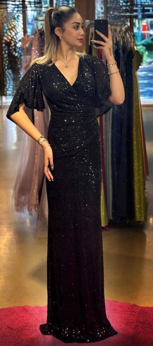 Black Short Sleeve Straight Cut Sequin Long Evening Dress 7572 - 1