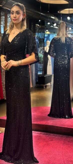 Black Short Sleeve Straight Cut Sequin Long Evening Dress 7572 - 3