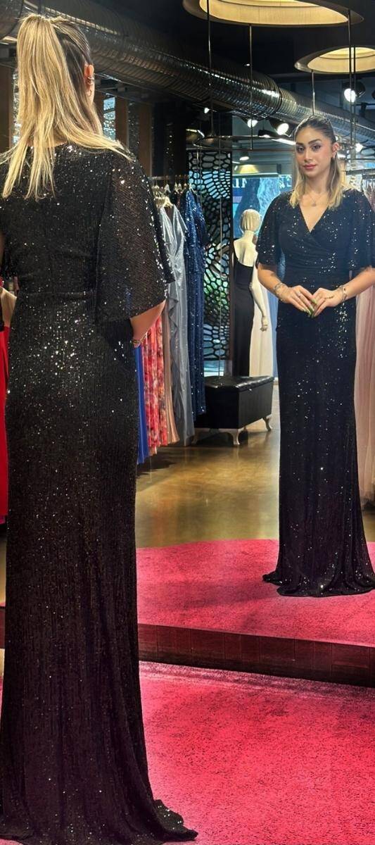 Black Short Sleeve Straight Cut Sequin Long Evening Dress 7572 - 5