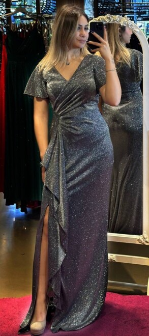 Black Silver Short Sleeve Slit Straight Cut Glitter Long Evening Dress 7439 