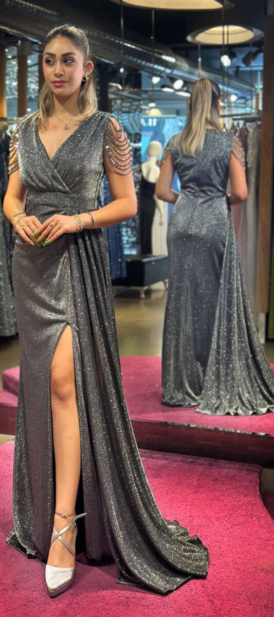 Black Silver Thick Strap Beaded Slit Straight Cut Glitter Long Evening Dress 7551 - 3